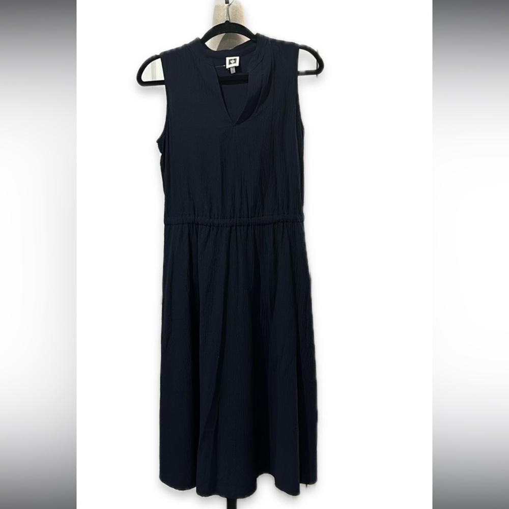 Ann Klein Dress Womens 6 Navy Blue Elastic Waist Side Pockets Sleeveless Crepe